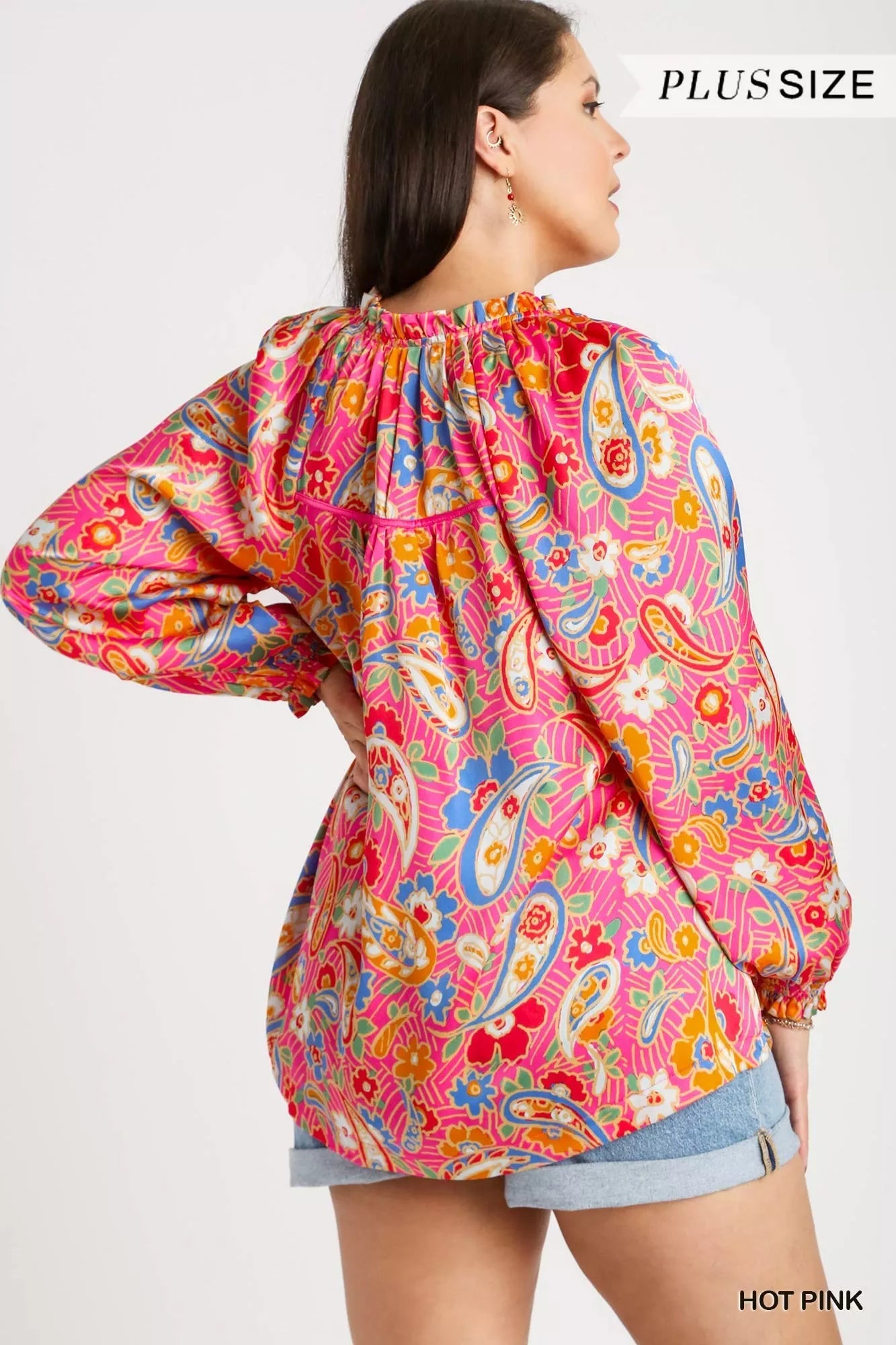 Full Size Satin Paisley Ruffle Neck Button-Up Shirt Plus Size