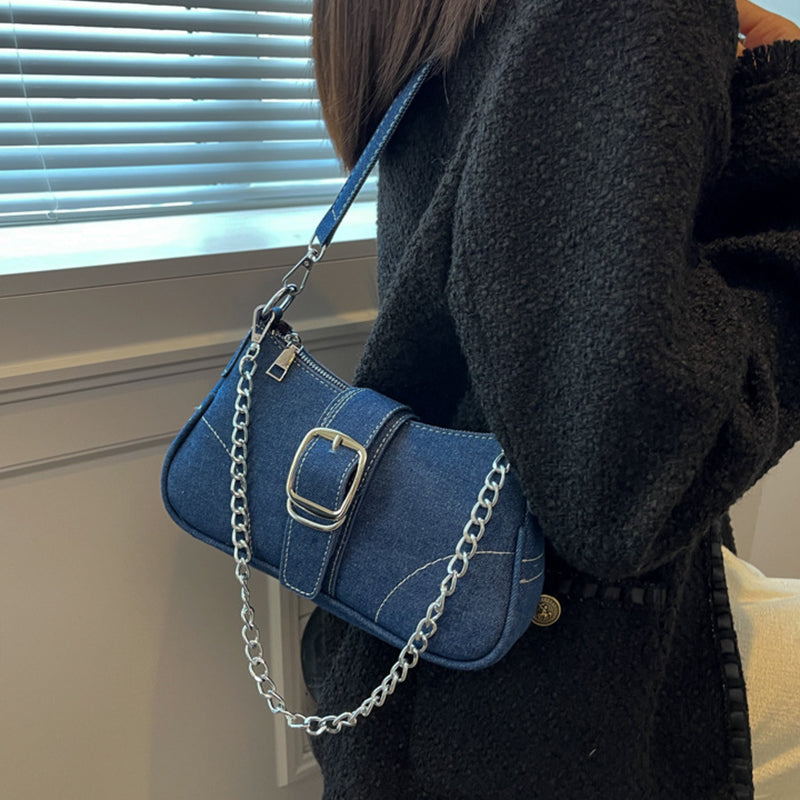 Women's Denim Crossbody Bag with Chain Detail
