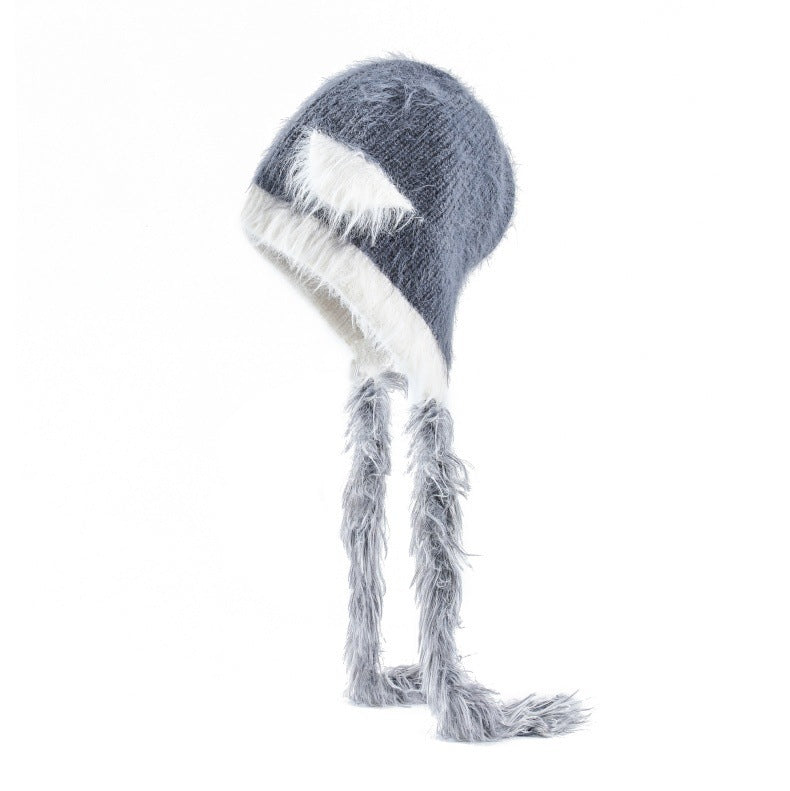 Gorro de punto de lana de visón con orejas de gato y protección para las orejas - Acogedor gorro con orejas de animales
