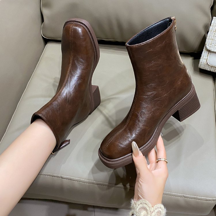 Retro Chunky-heeled Short Square-toe Mid-heel Boots