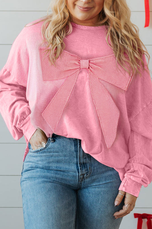 Blusa Talla Grande Bonbon Waffle con Lazo y Parches Lavado Mineral