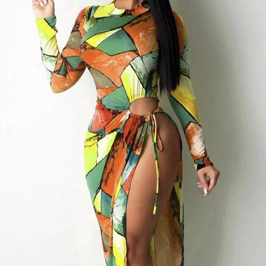 Vestido largo de manga larga con abertura, estampado de bloques de color, sexy y a la moda para mujer