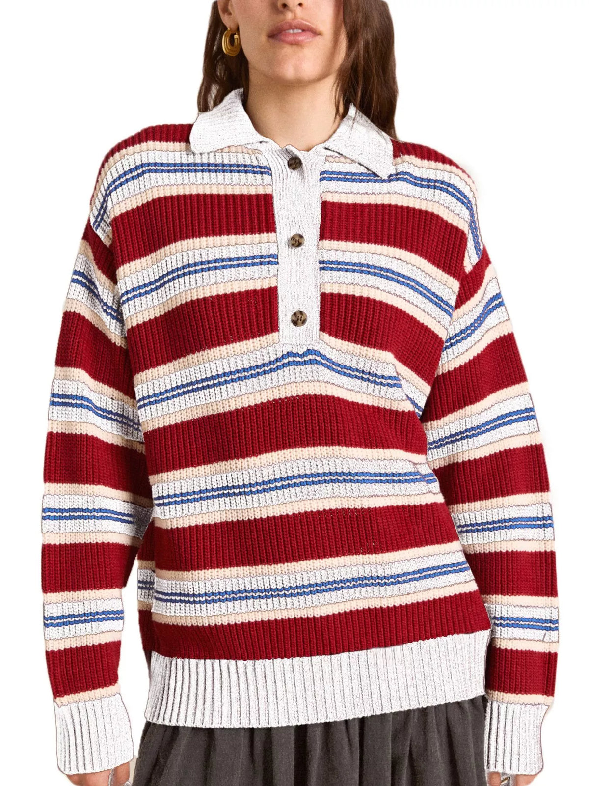 Striped Button Detail Polo Collar Sweater