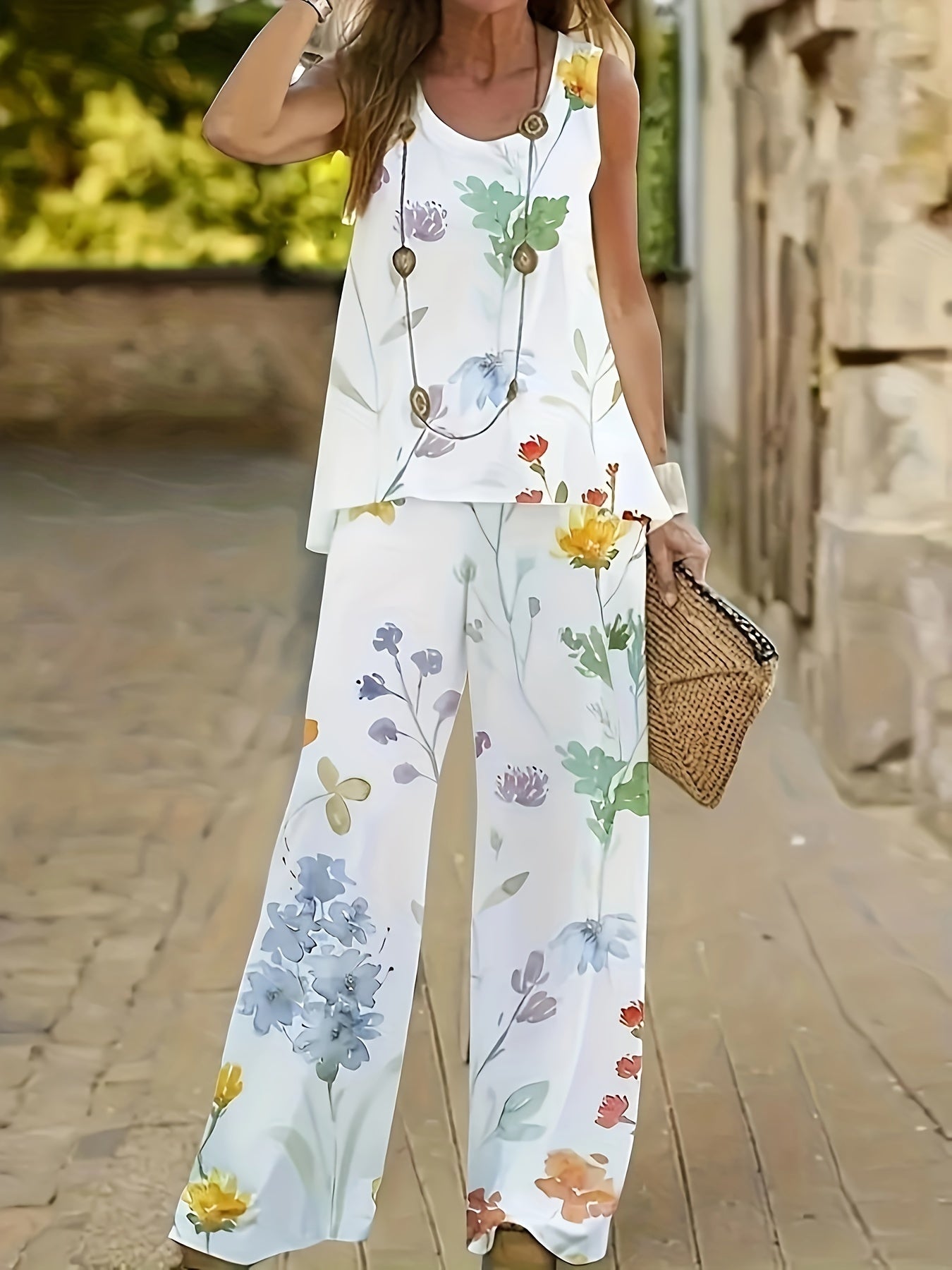 Elegante Conjunto de Dos Piezas con Estampado Floral - Cuello Redondo