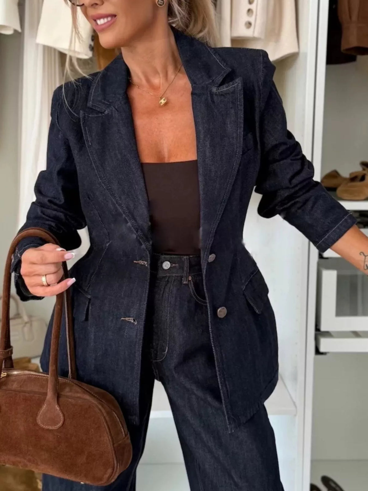 Single-Breasted Washed Denim Blazer