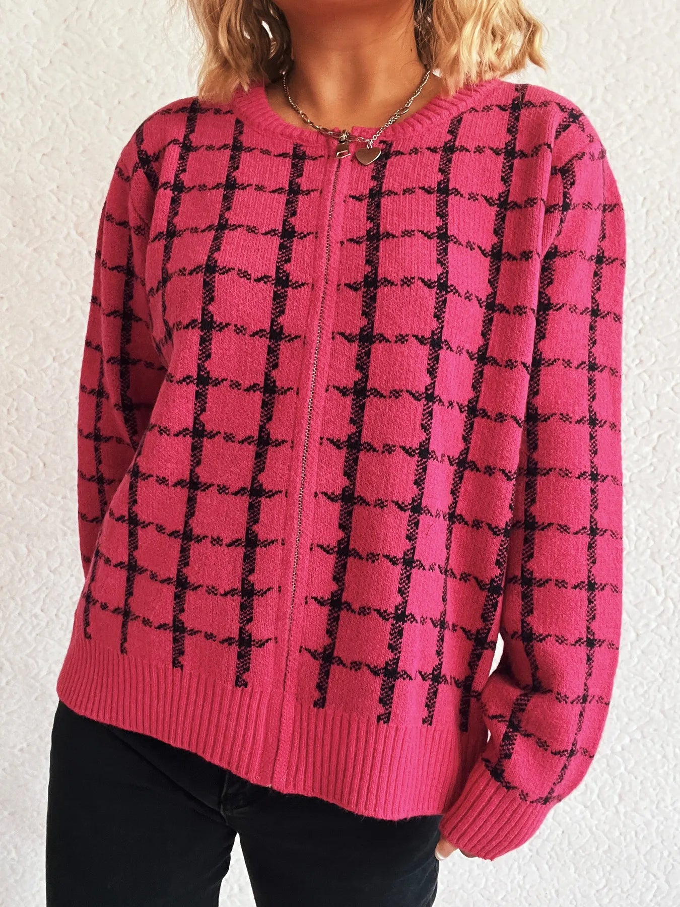 Plaid Pattern Zip Up Cardigan