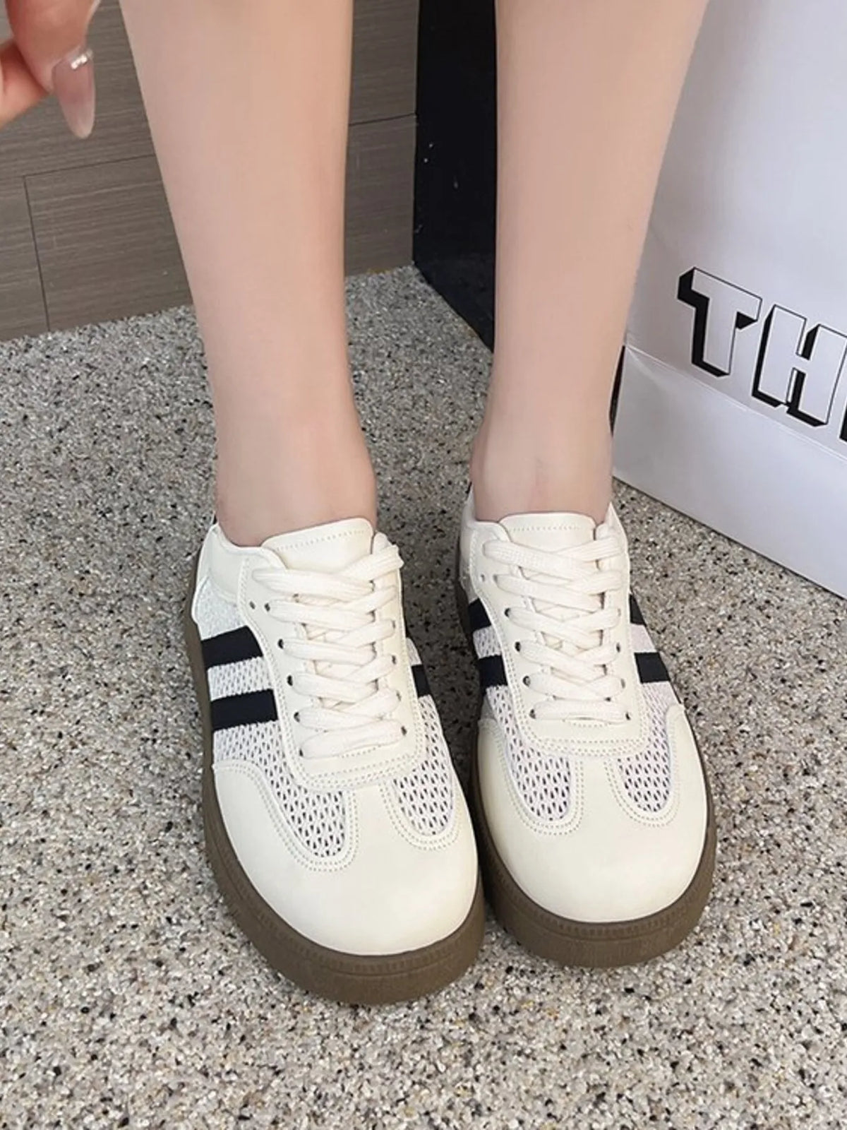 Ivory Mesh & PU Leather Lace Up Platform Sneakers
