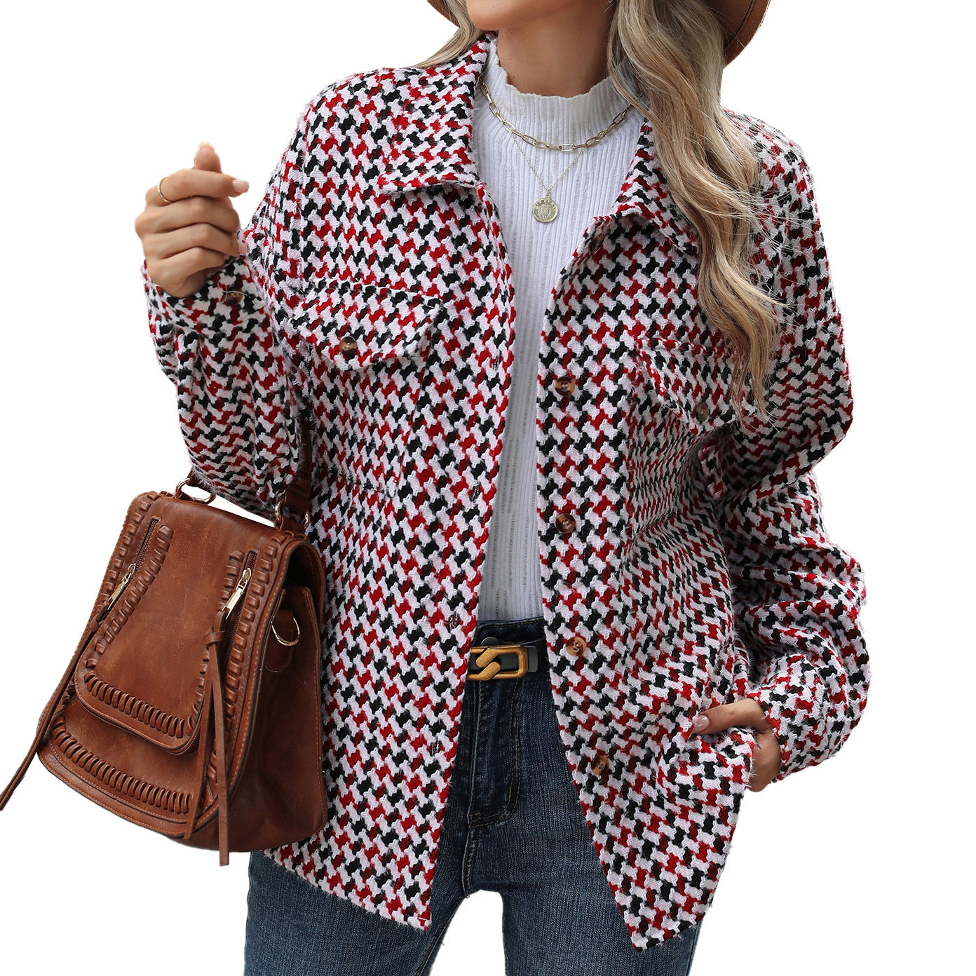 Gabardina de tweed con solapa de pata de gallo, abrigo casual de manga larga suelto con bolsillos, prendas de abrigo para mujer. Ver tabla de tallas en "más detalles".