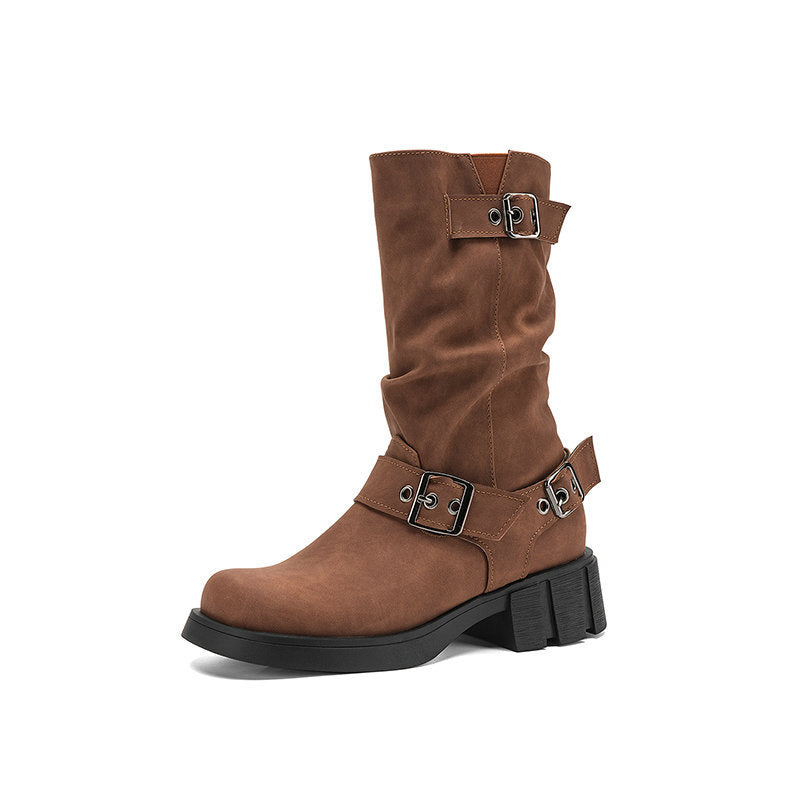 Retro Western Style Cowboy Millennial Inspired Mid Calf Platform Boots