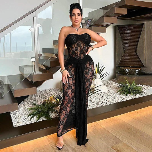 Vestido midi sin espalda con envoltura de encaje estilo mujer adulta.