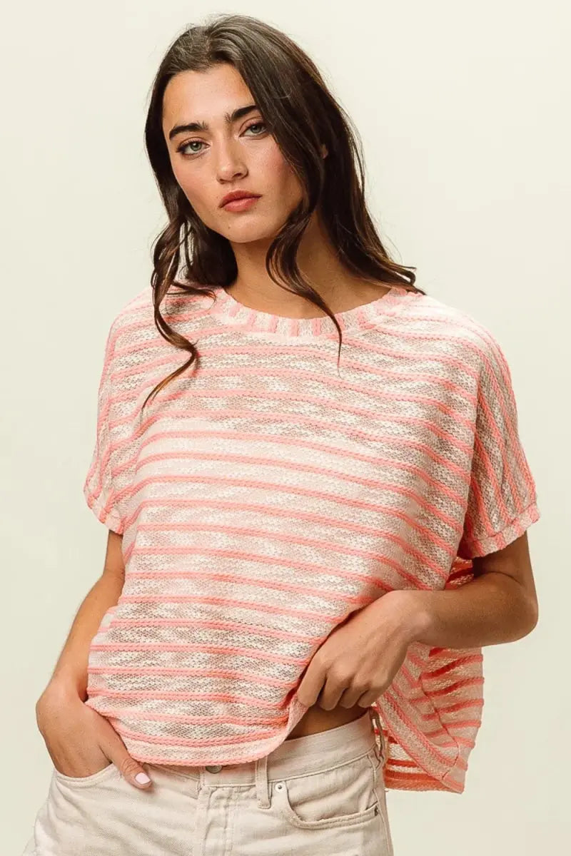 T-Shirts Trendsi Braid Striped Tee Women's Casual Short Sleeve T-Shirt USA Ship
