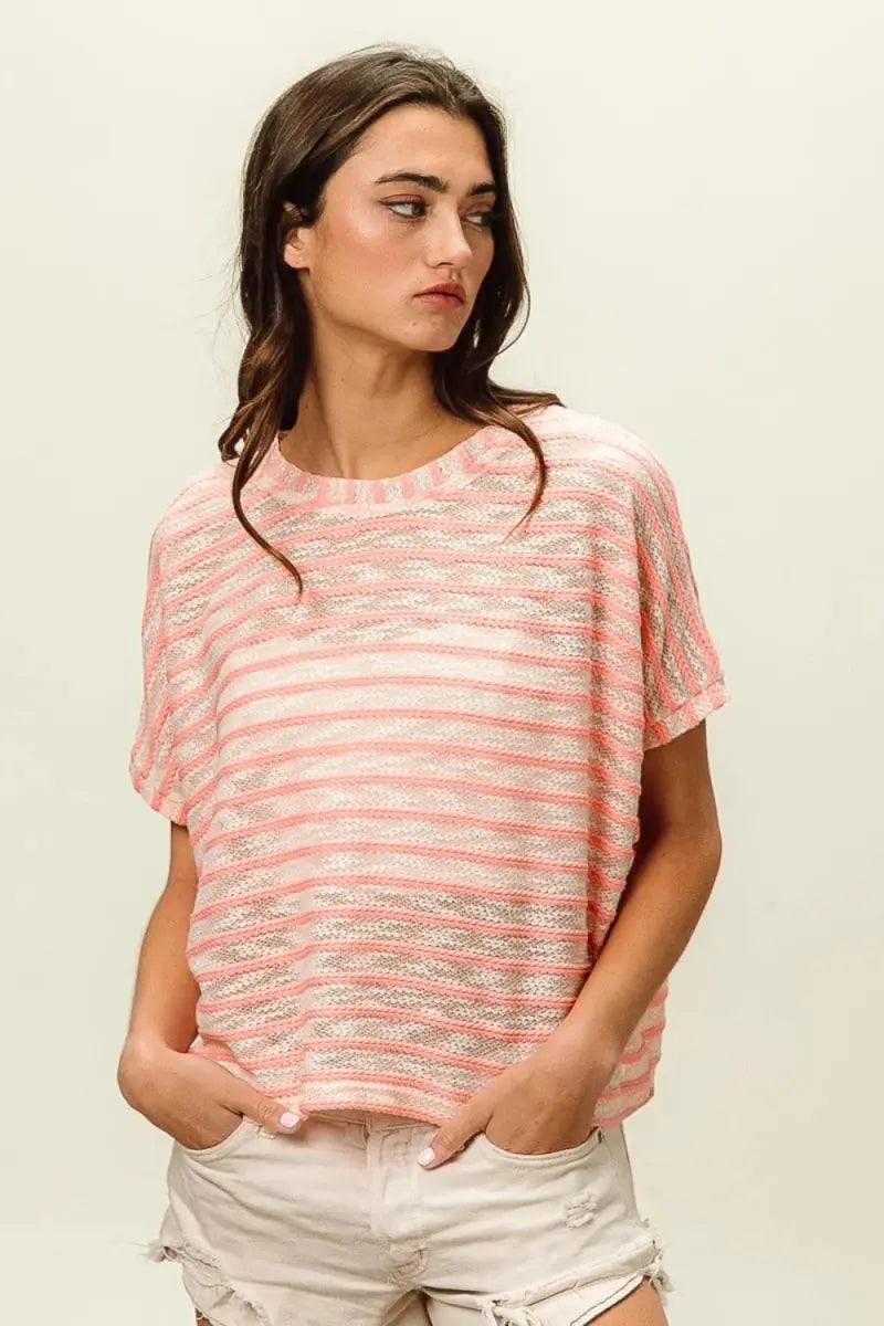 T-Shirts Trendsi Braid Striped Tee Women's Casual Short Sleeve T-Shirt USA Ship