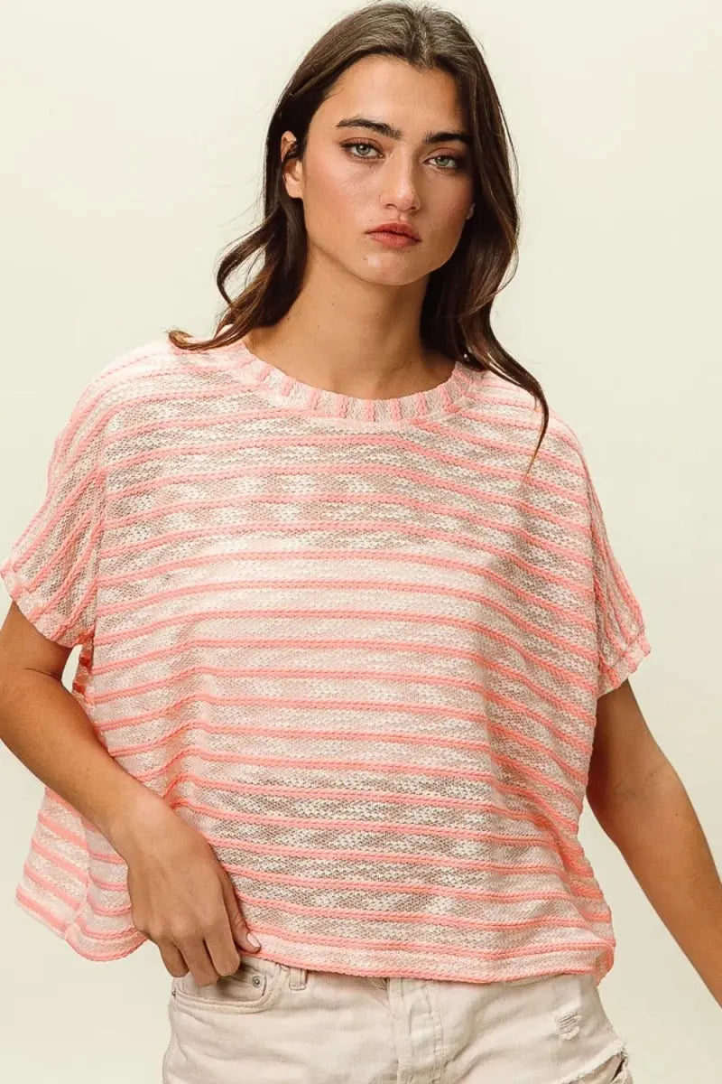 T-Shirts Trendsi Braid Striped Tee Women's Casual Short Sleeve T-Shirt USA Ship