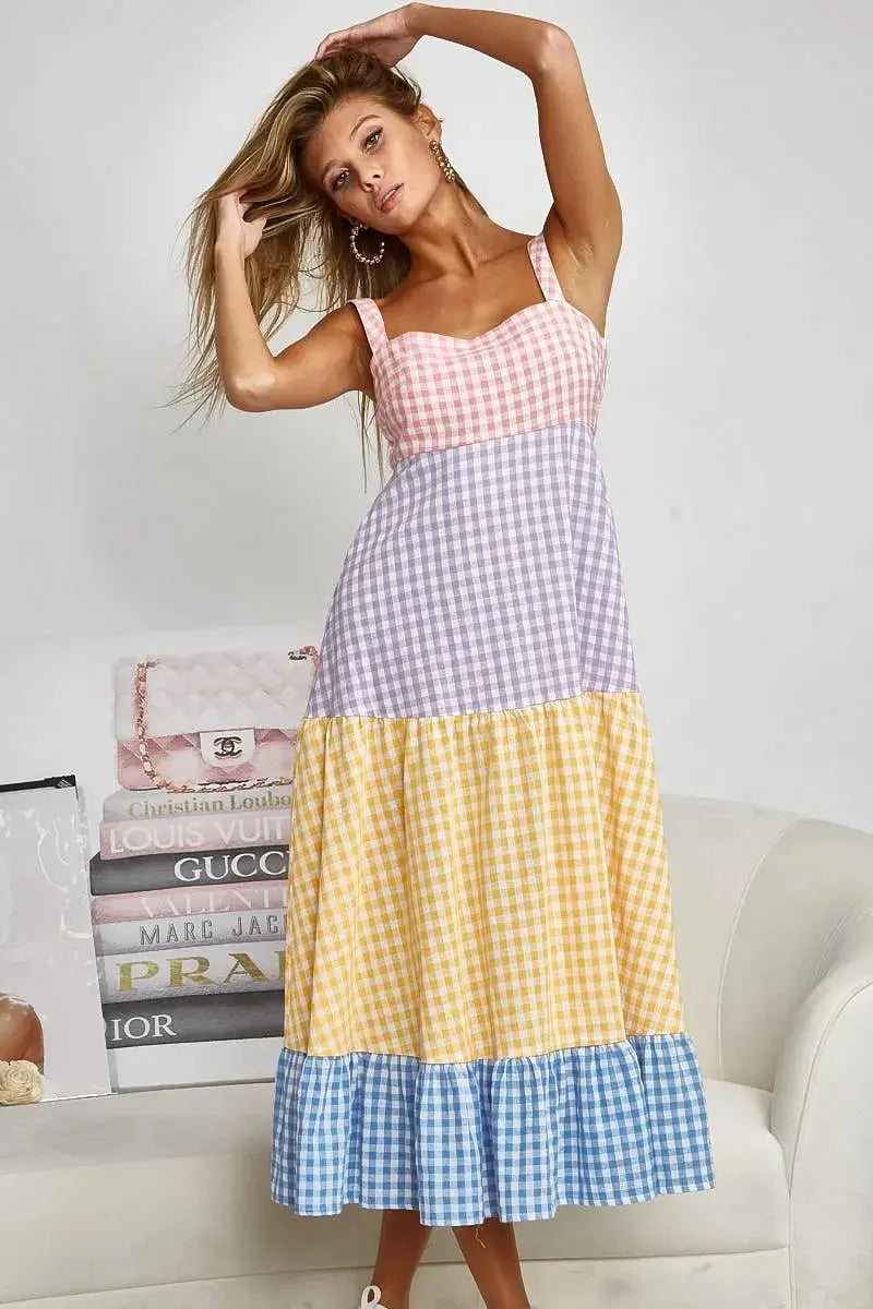 Dresses Trendsi Gingham Dress Color Block Women's Summer Casual Dress Tiered, Fun