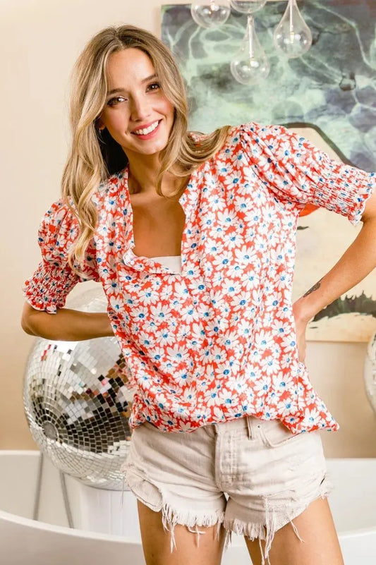 Accesorios Tendencias | Top floral de manga abullonada para mujer | Camisa informal con cuello en V | Elegante y fruncida