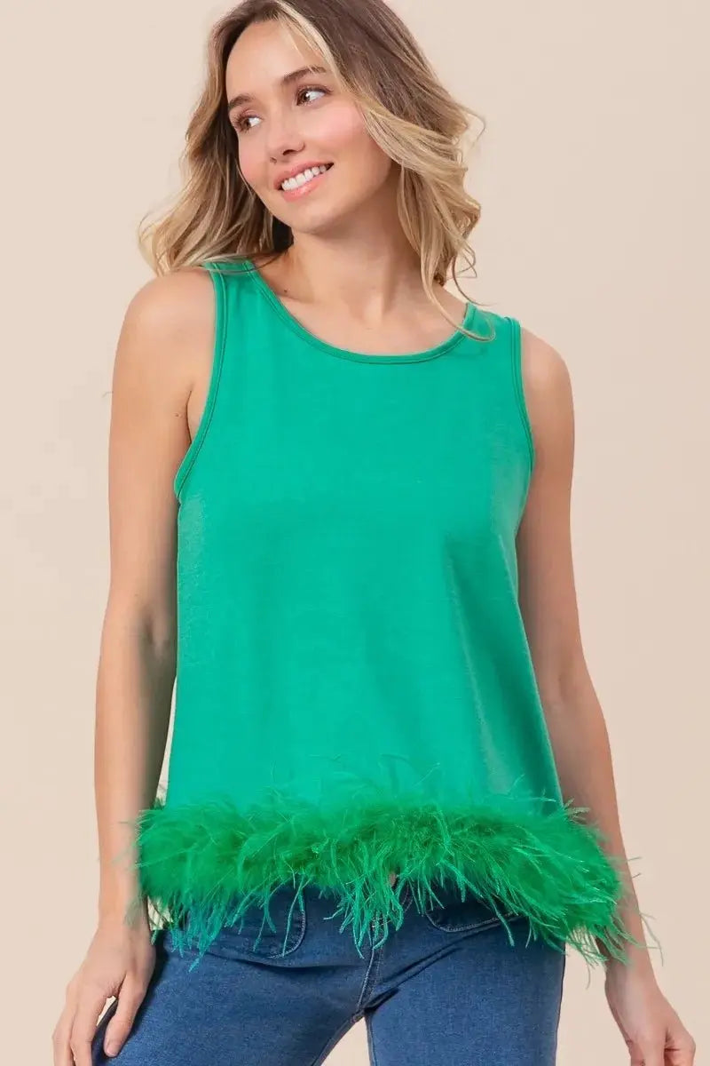 T-Shirts Trendsi French Terry Top Women's Casual Faux Feather Tie Back Tank Top