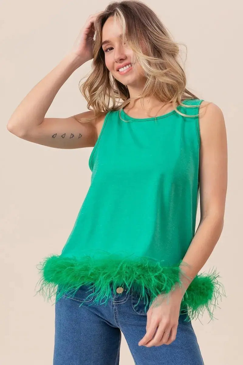 T-Shirts Trendsi French Terry Top Women's Casual Faux Feather Tie Back Tank Top