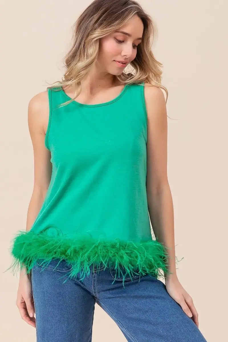 T-Shirts Trendsi French Terry Top Women's Casual Faux Feather Tie Back Tank Top