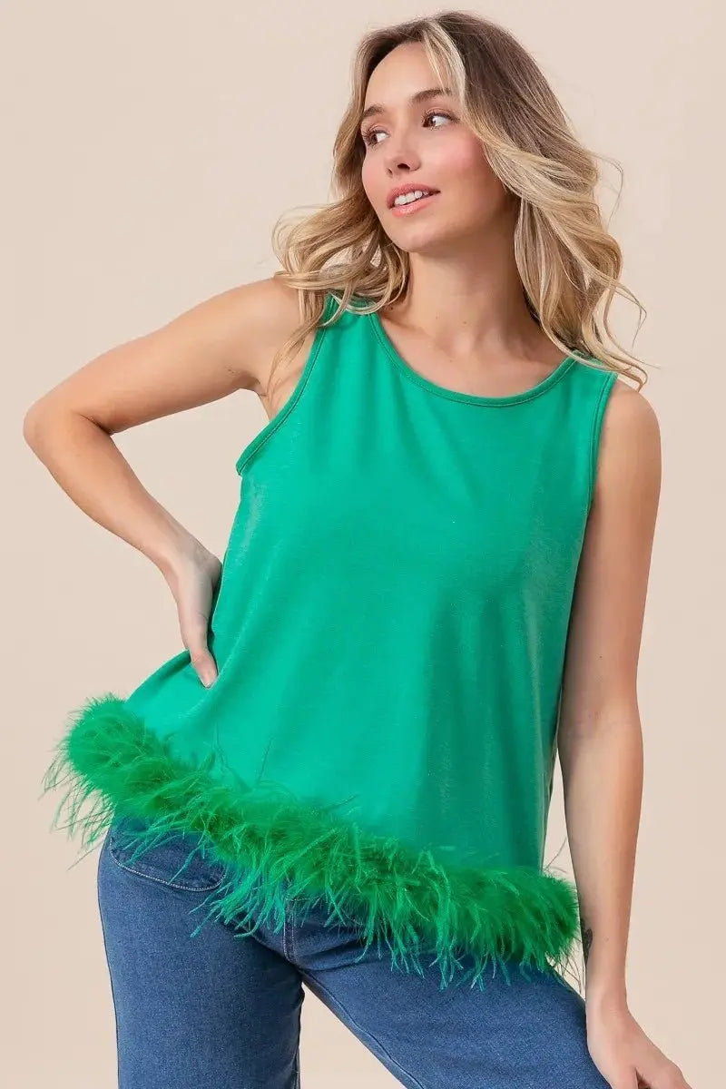 T-Shirts Trendsi French Terry Top Women's Casual Faux Feather Tie Back Tank Top