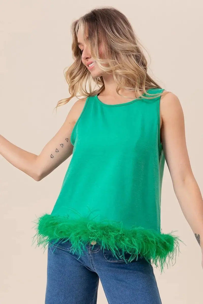 T-Shirts Trendsi French Terry Top Women's Casual Faux Feather Tie Back Tank Top