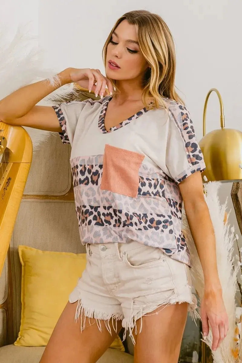 T-Shirts Trendsi Leopard Color Block Tee Women's Casual T-Shirt USA Shipped!
