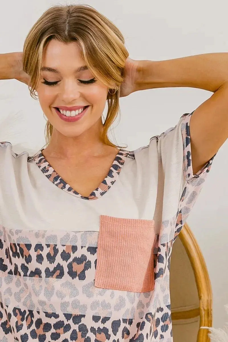 T-Shirts Trendsi Leopard Color Block Tee Women's Casual T-Shirt USA Shipped!