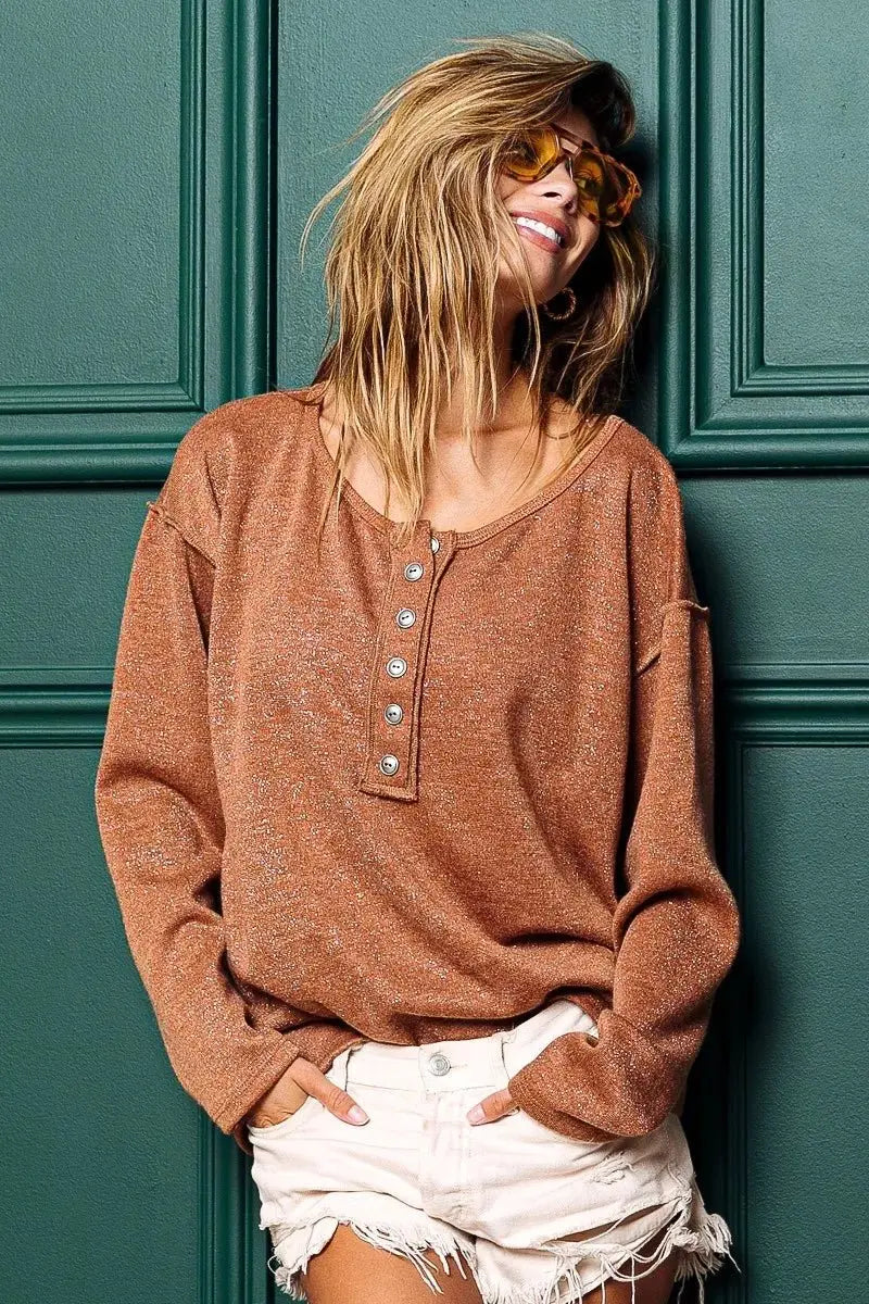 Pants Trendsi Lurex Button Top Women's Casual Tee Sparkly Stitched Detail T-Shirt