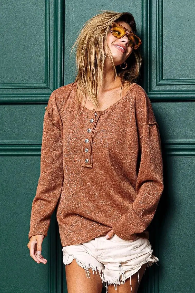 Pants Trendsi Lurex Button Top Women's Casual Tee Sparkly Stitched Detail T-Shirt