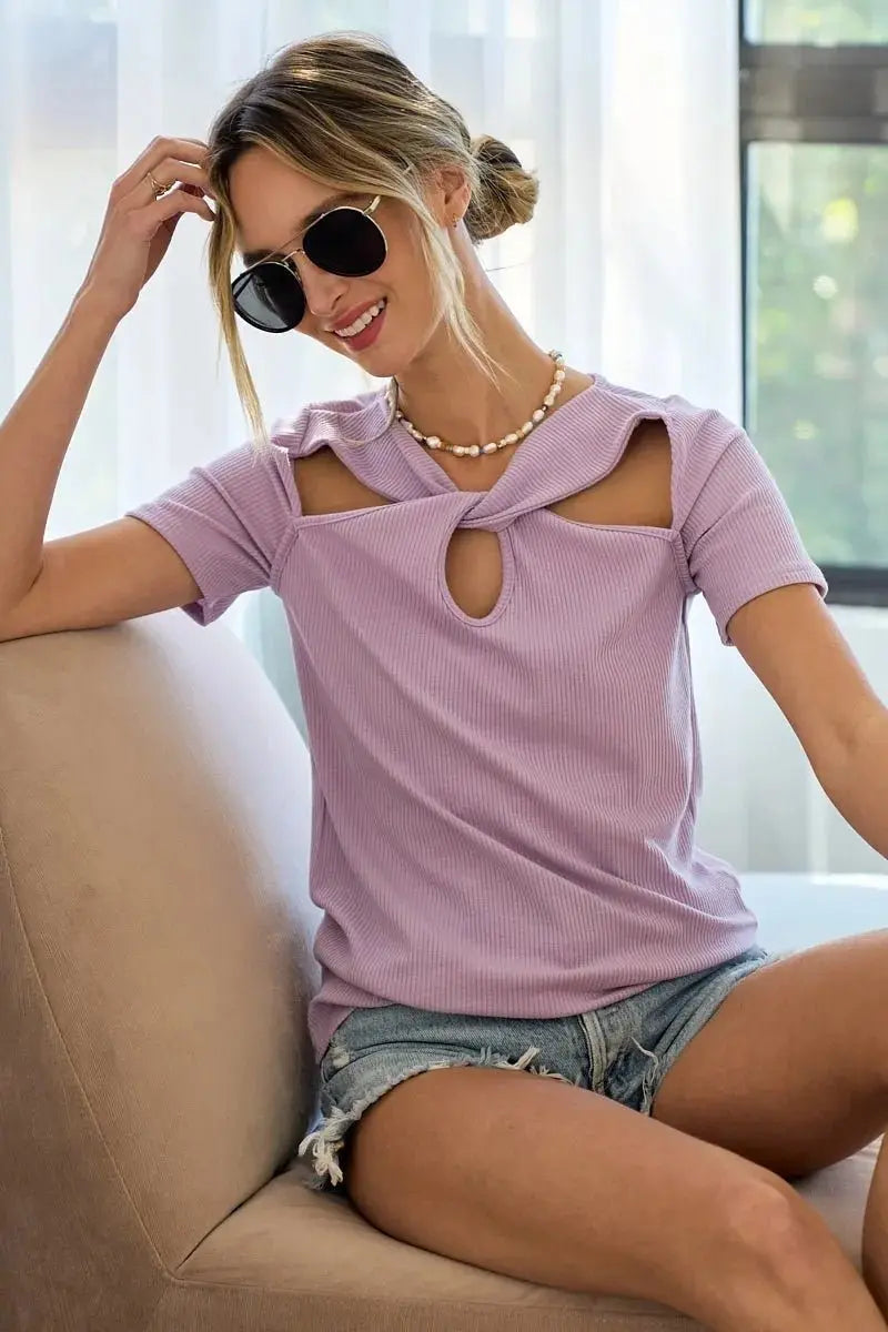 T-Shirts Trendsi Rib Knit Cutout Top Women's Casual Tee Front Twist, Soft