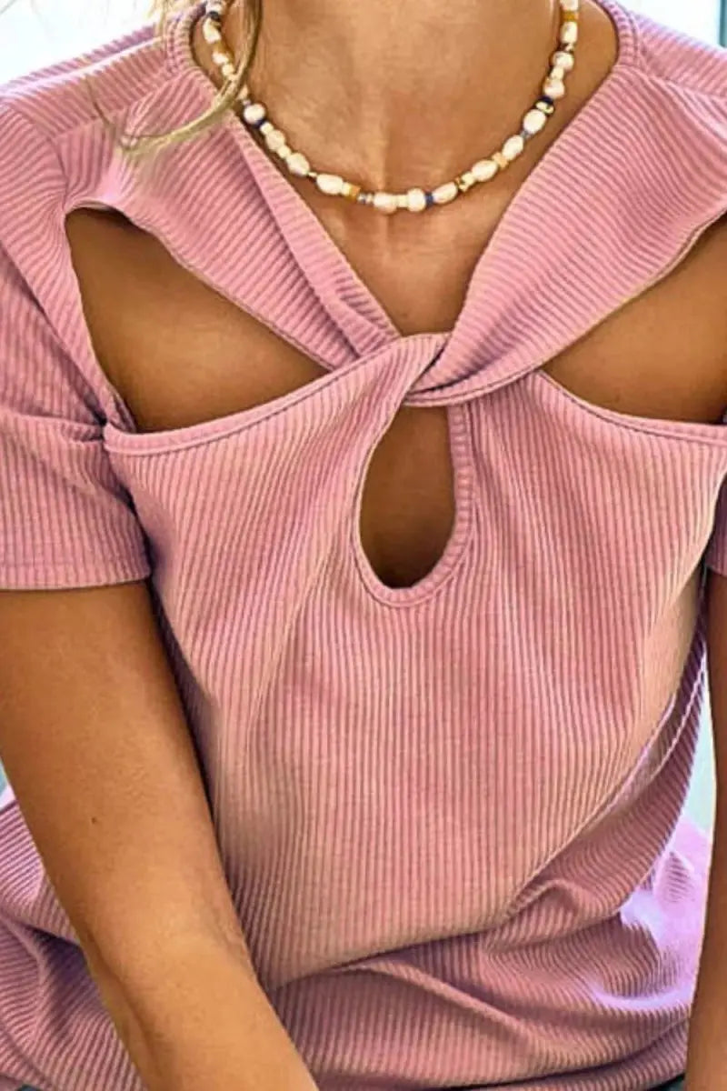 T-Shirts Trendsi Rib Knit Cutout Top Women's Casual Tee Front Twist, USA Ship
