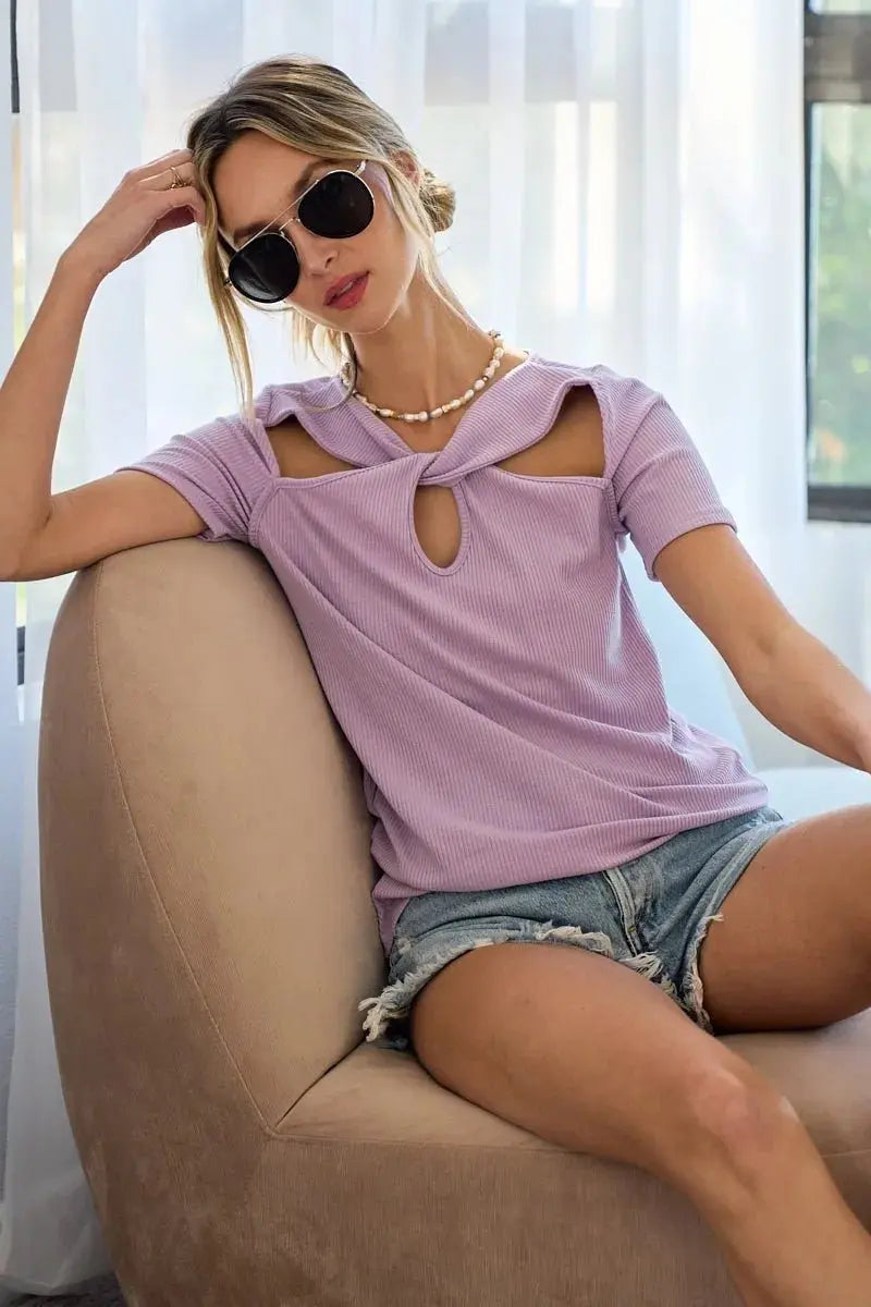 T-Shirts Trendsi Rib Knit Cutout Top Women's Casual Tee Front Twist, Soft