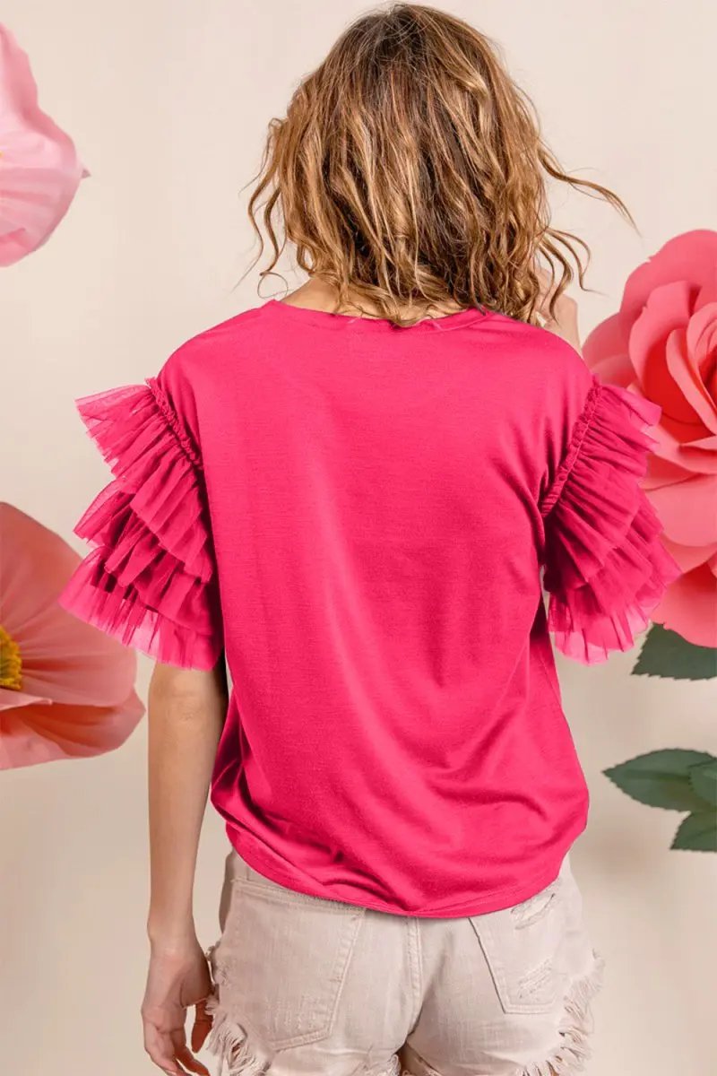 Accessories Trendsi Ruffle Mesh Top Women's Party/Date Short Sleeve Shirt: Lace Detail