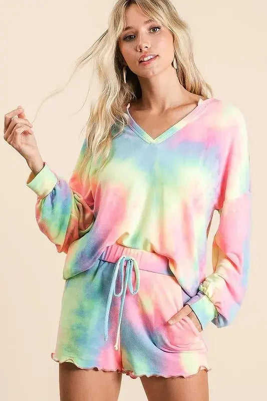 Women's Loungewear Set - Tie Dye French Terry - Top & Shorts 2-Piece