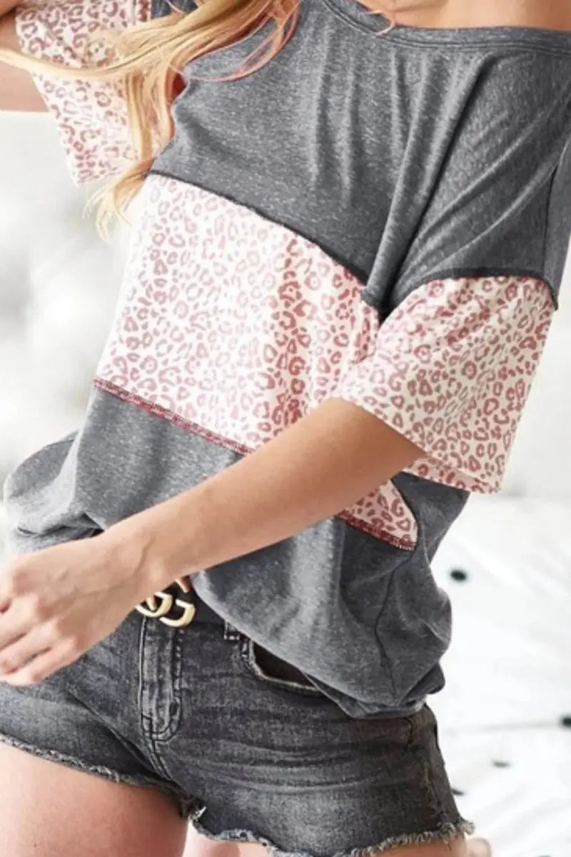 T-Shirts Trendsi Leopard Knit Top Women's Casual Tee Soft Triblend, USA Shipped