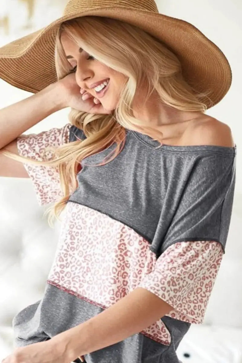 T-Shirts Trendsi Leopard Knit Top Women's Casual Tee Soft Triblend, USA Shipped