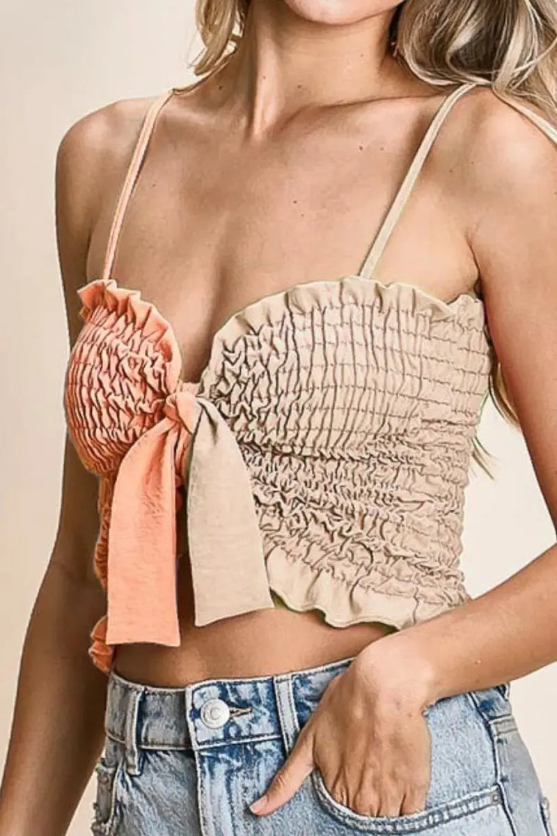 T-Shirts Trendsi Woven Color Block Top Women's Casual Smocked Bra Top with Ribbon Detail