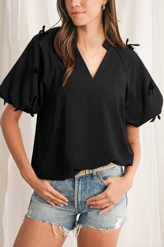 Blusa de mujer - Manga abullonada y lazo negro - Estilo Bella del Sur