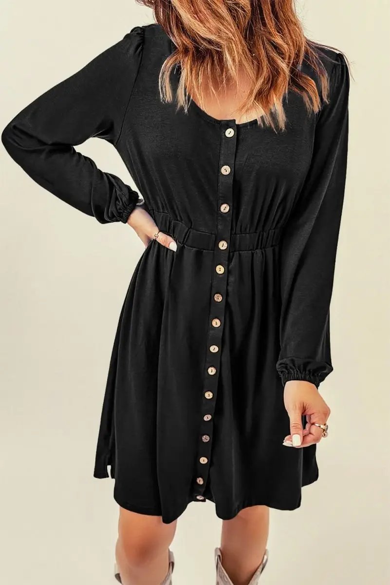 Women's Black Button Up Mini Dress - Long Sleeve, Versatile