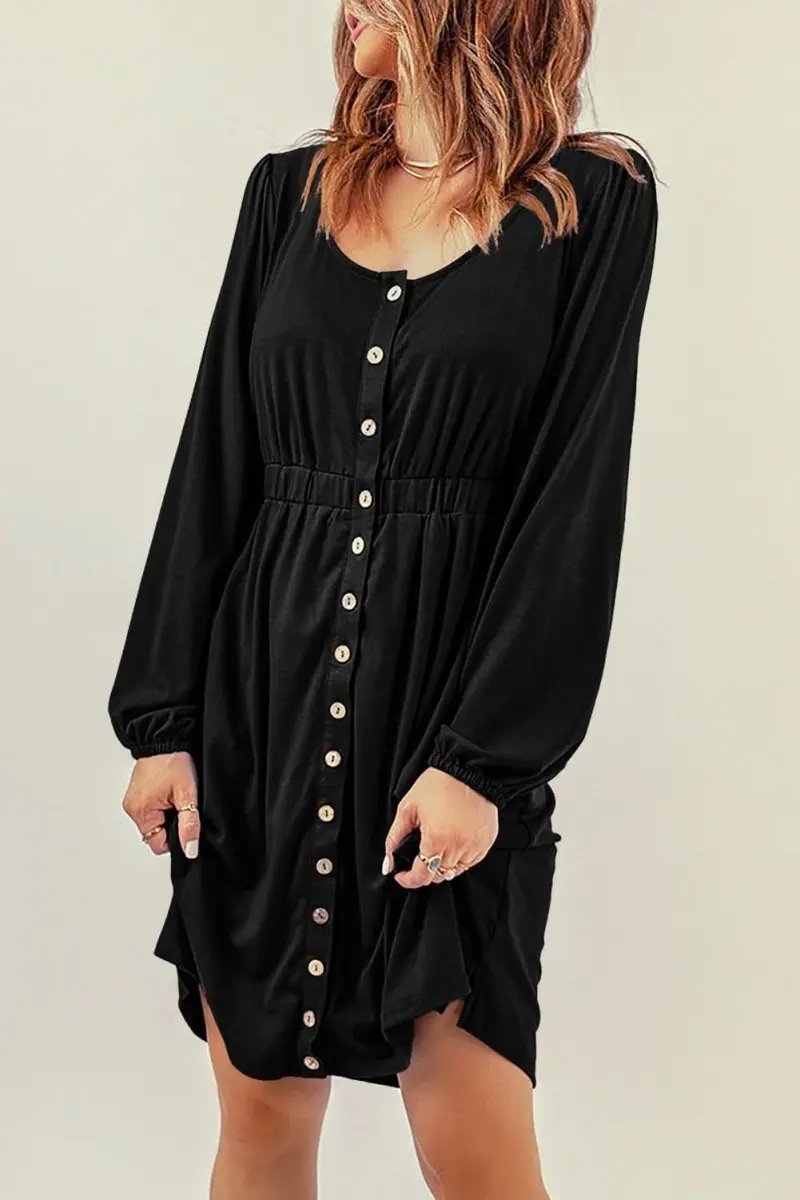 Women's Black Button Up Mini Dress - Long Sleeve, Versatile
