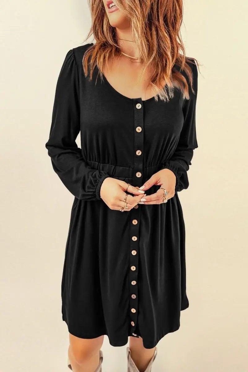 Women's Black Button Up Mini Dress - Long Sleeve, Versatile