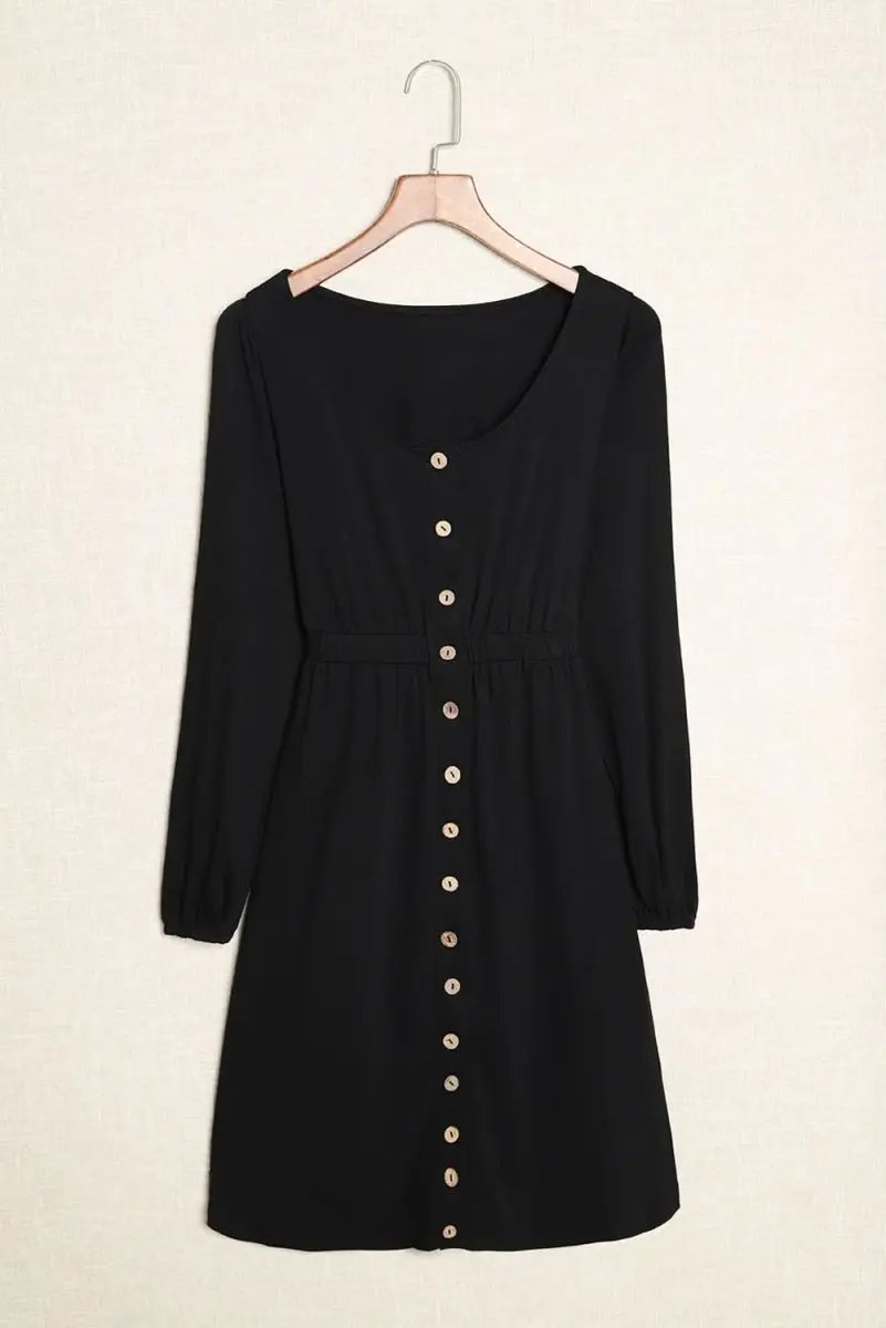Women's Black Button Up Mini Dress - Long Sleeve, Versatile