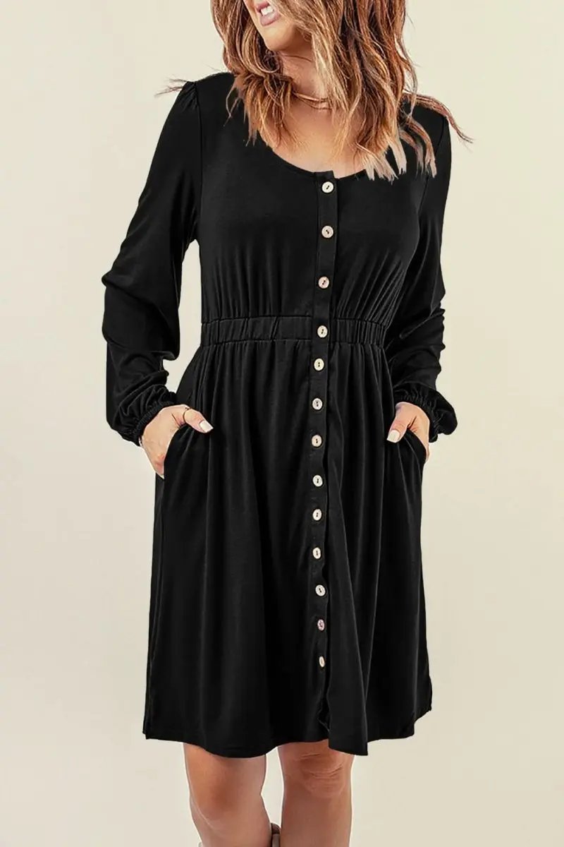 Women's Black Button Up Mini Dress - Long Sleeve, Versatile