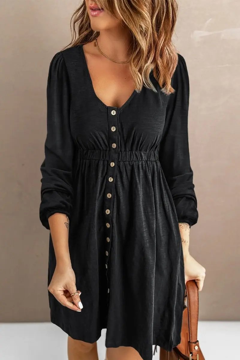 Women's Black Button Up Mini Dress - Long Sleeve, Versatile