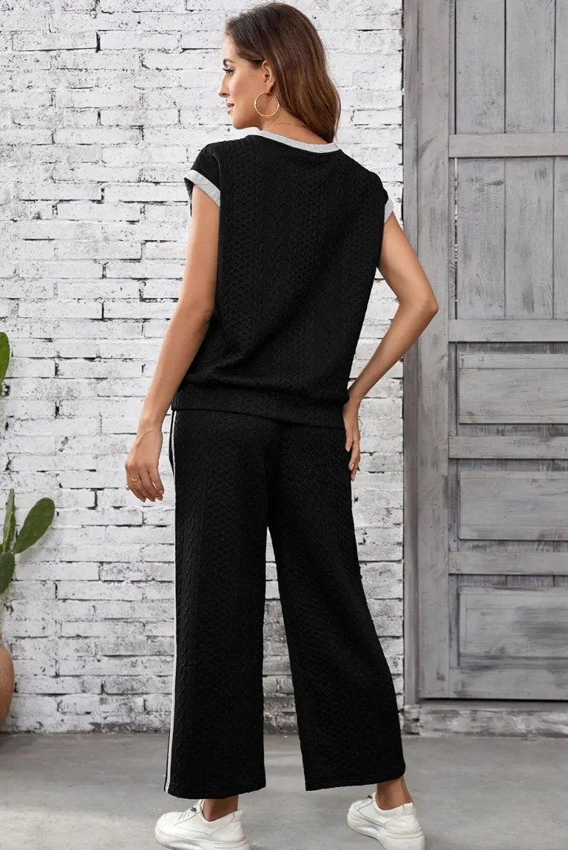 Pants Love Salve Black Cable Knit Set Women's Daily Wear Lounge Set - Soft & Textured