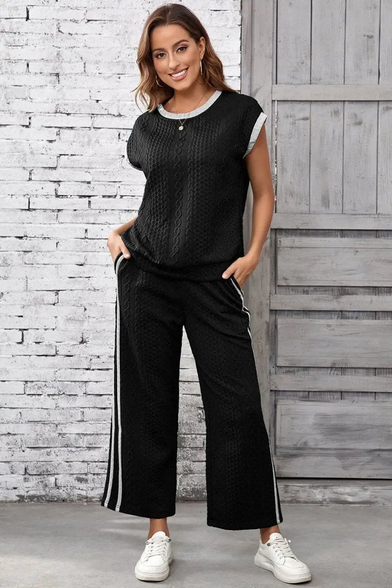Pants Love Salve Black Cable Knit Set Women's Daily Wear Lounge Set - Soft & Textured