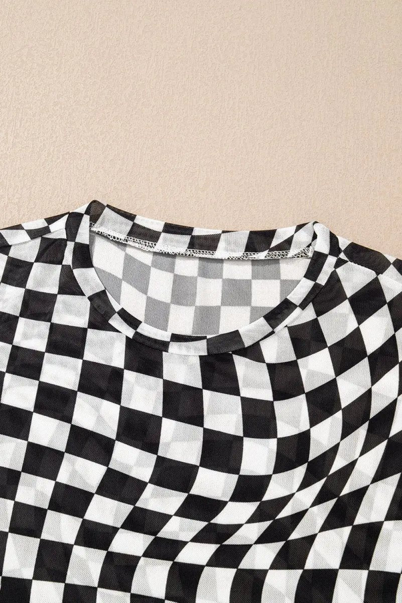 T-Shirts Love Salve Black Checker Mesh Women's Fashion Daily Top: Sheer, Casual T-Shirt