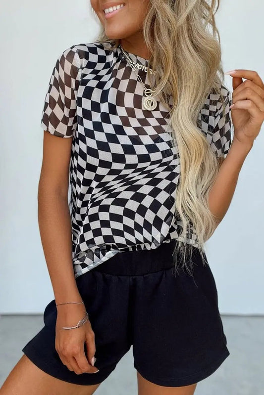 Camisetas Love Salve Malla Negra a Cuadros para Mujer Top Diario de Moda: Transparente, Camiseta Informal