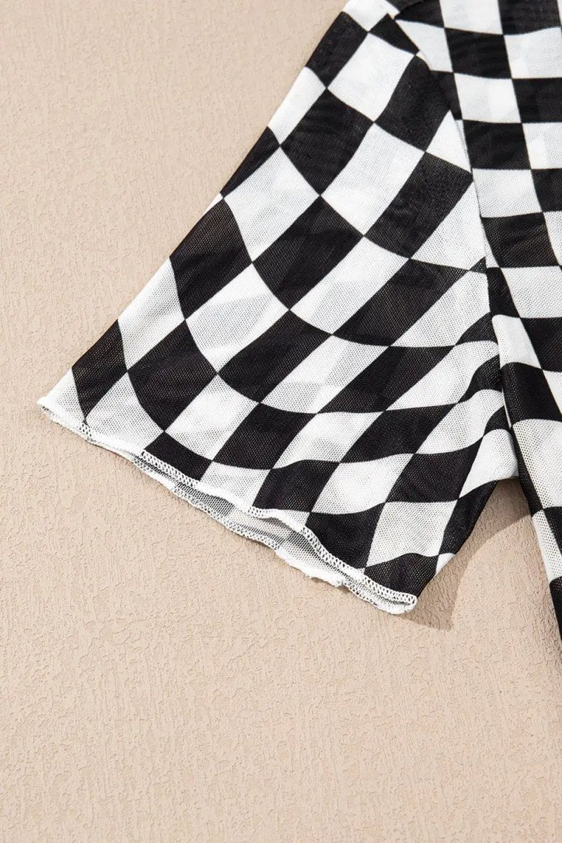T-Shirts Love Salve Black Checker Mesh Women's Fashion Daily Top: Sheer, Casual T-Shirt