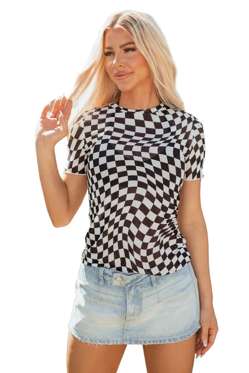 T-Shirts Love Salve Black Checker Mesh Women's Fashion Daily Top: Sheer, Casual T-Shirt