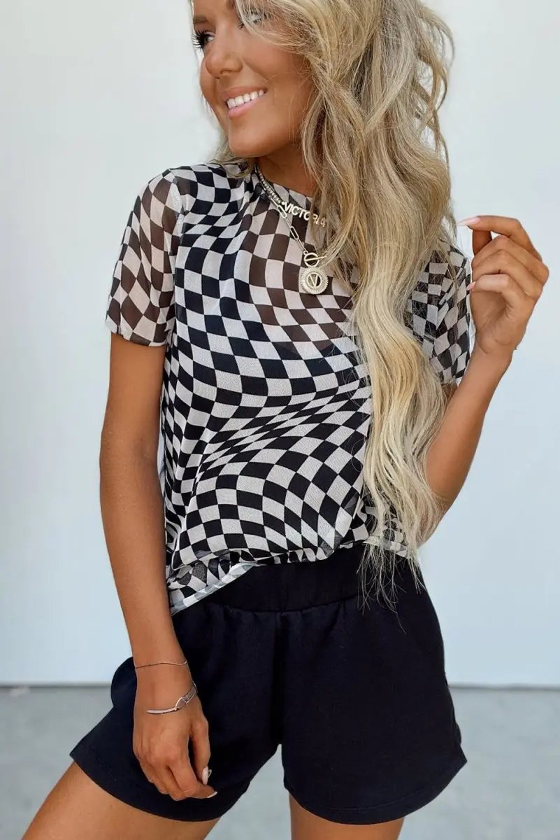 T-Shirts Love Salve Black Checker Mesh Women's Fashion Daily Top: Sheer, Casual T-Shirt